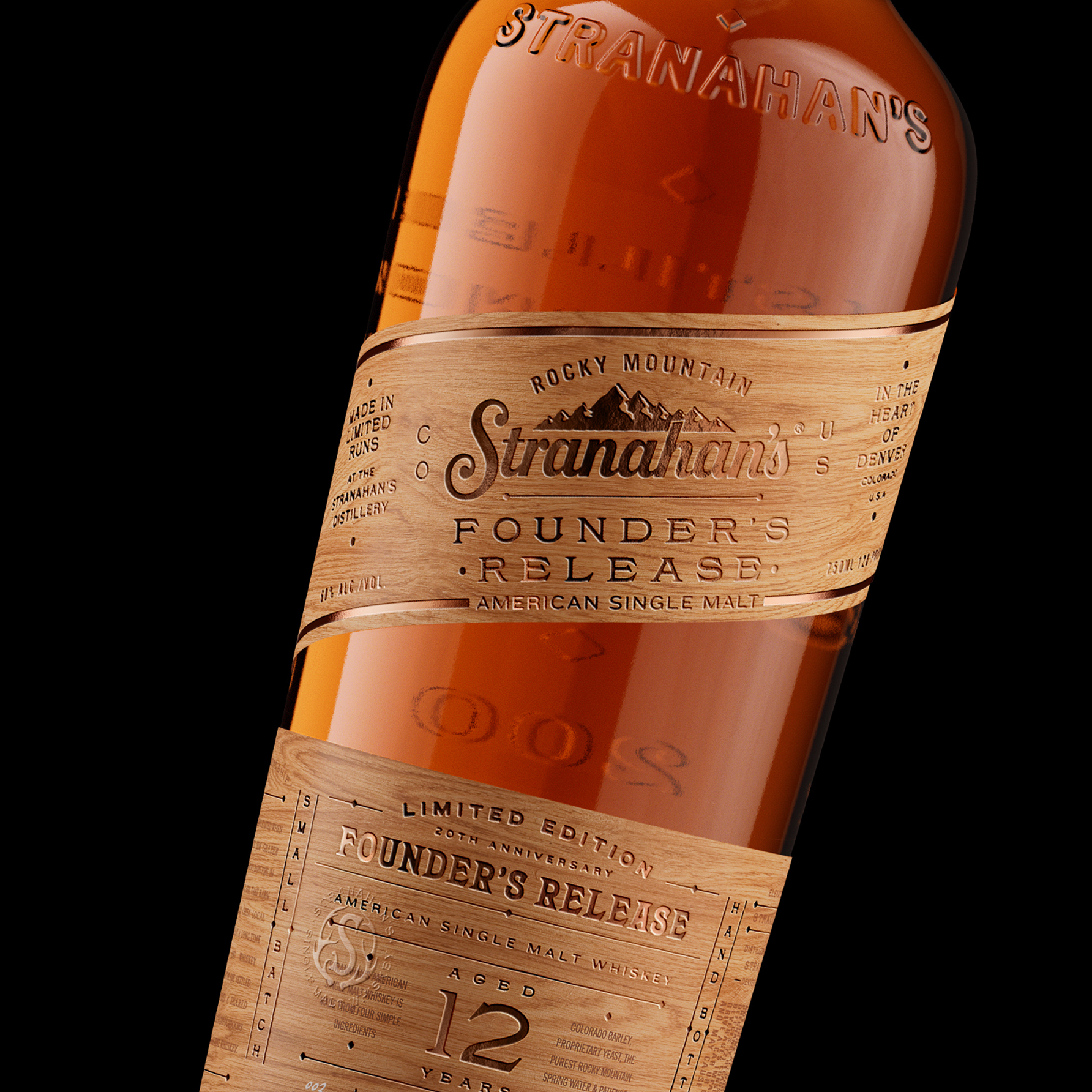 Packshot of Stranahans whiskey 20th anniversary founders release