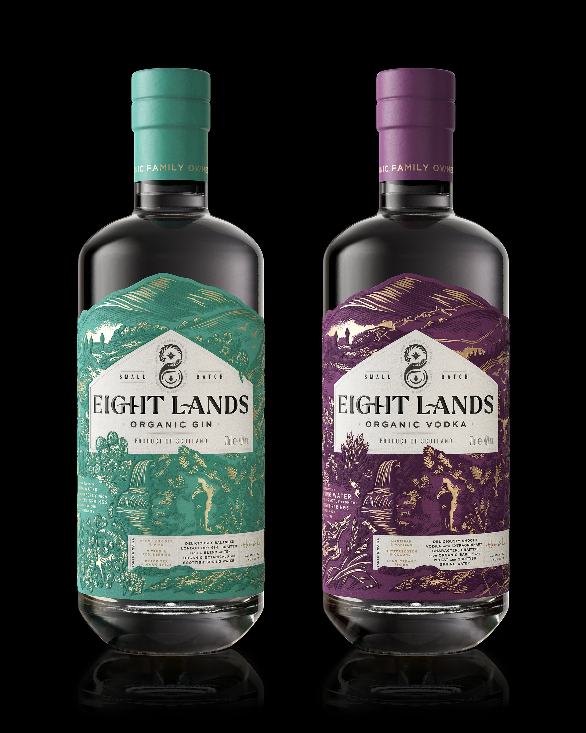 A render of the bottle and packaging design from Eight Lands distillery
